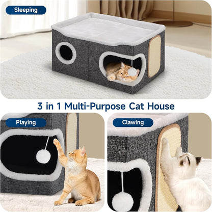 Cat Beds for Indoor Cats, Extra Wide Cat Cube House for Multi Cats, Foldable Cat Cave Hideaway with