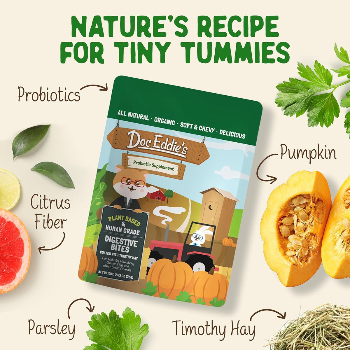 DOC EDDIE'S Digestive Bites - Plant-Based Small Animal Treats for Rabbits, Guinea Pigs, Hamsters