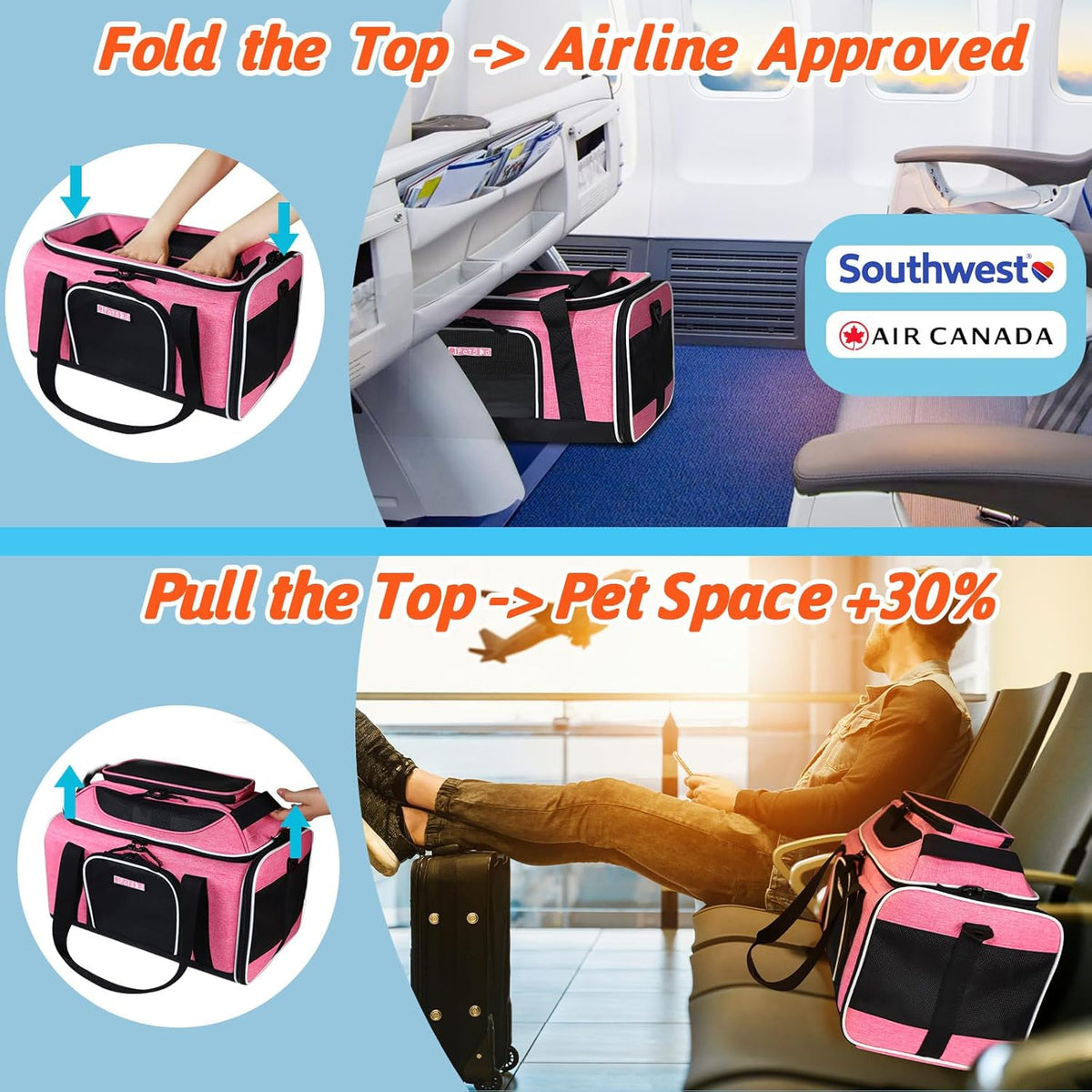 Petskd Top-Expandable Pet Carrier 18x13x9.5 Inches Southwest Airline Approved, Soft-Sided Carrier