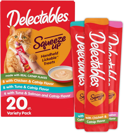 Delectables Squeeze Up Catnip Variety Pack, Creamy Squeezable Puree, Lickable Wet Cat Treats, Grain