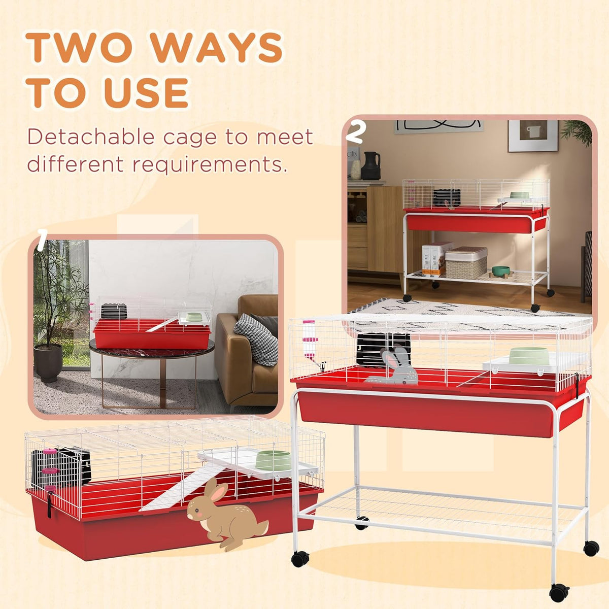 PawHut Two-Story Small Animal Cage Removable from Stand, Guinea Pig Cage with Shelf & Wheels, Pet