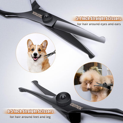 Dog Grooming Scissors Kit with Safety Round Tips, GEMEK Professional 6 in 1 Grooming Scissors for