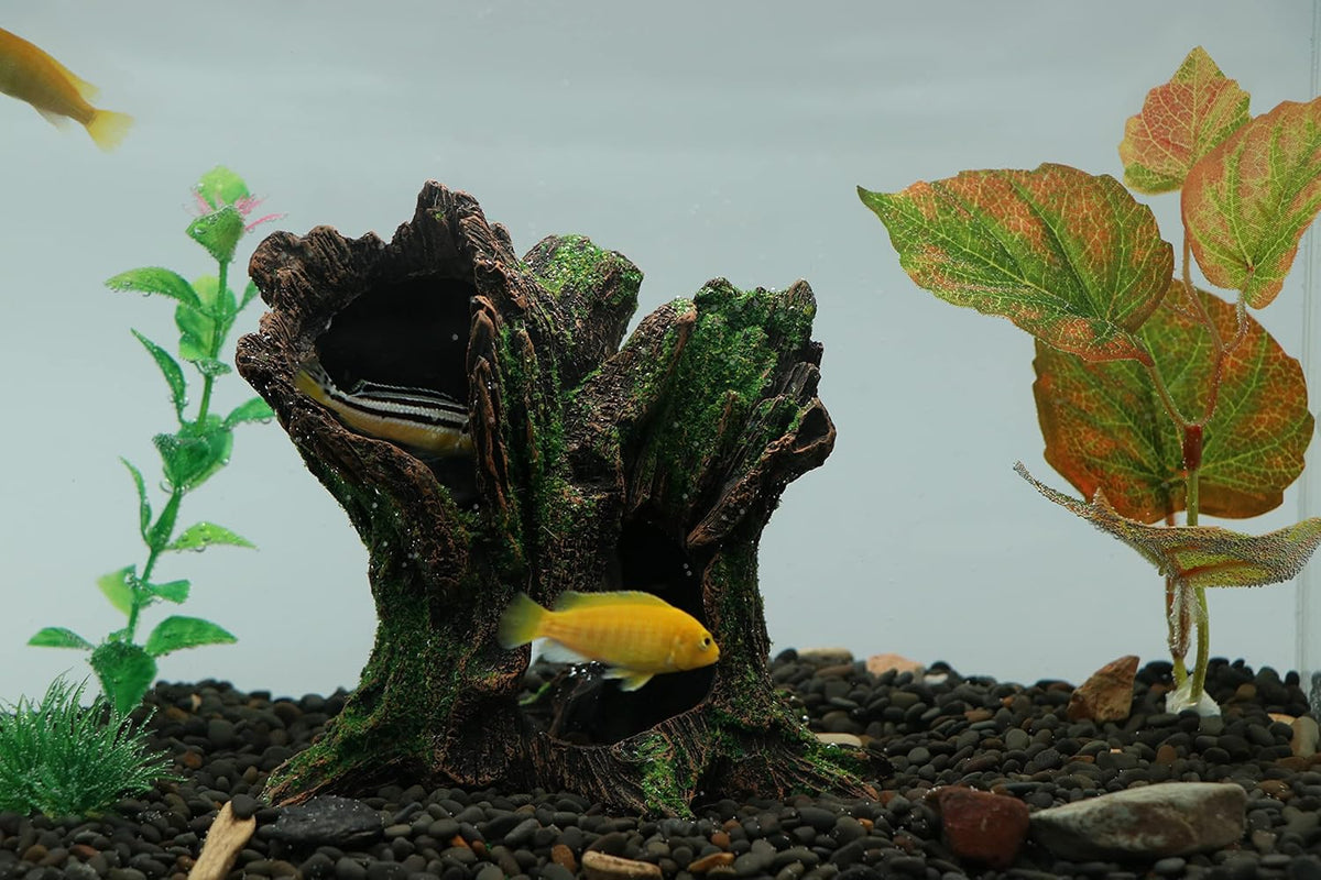 AQUA KT Aquarium Landscape Tree Stump Trunk Hollow Betta Cichlid Cave Rocks for Fish Hiding Tank