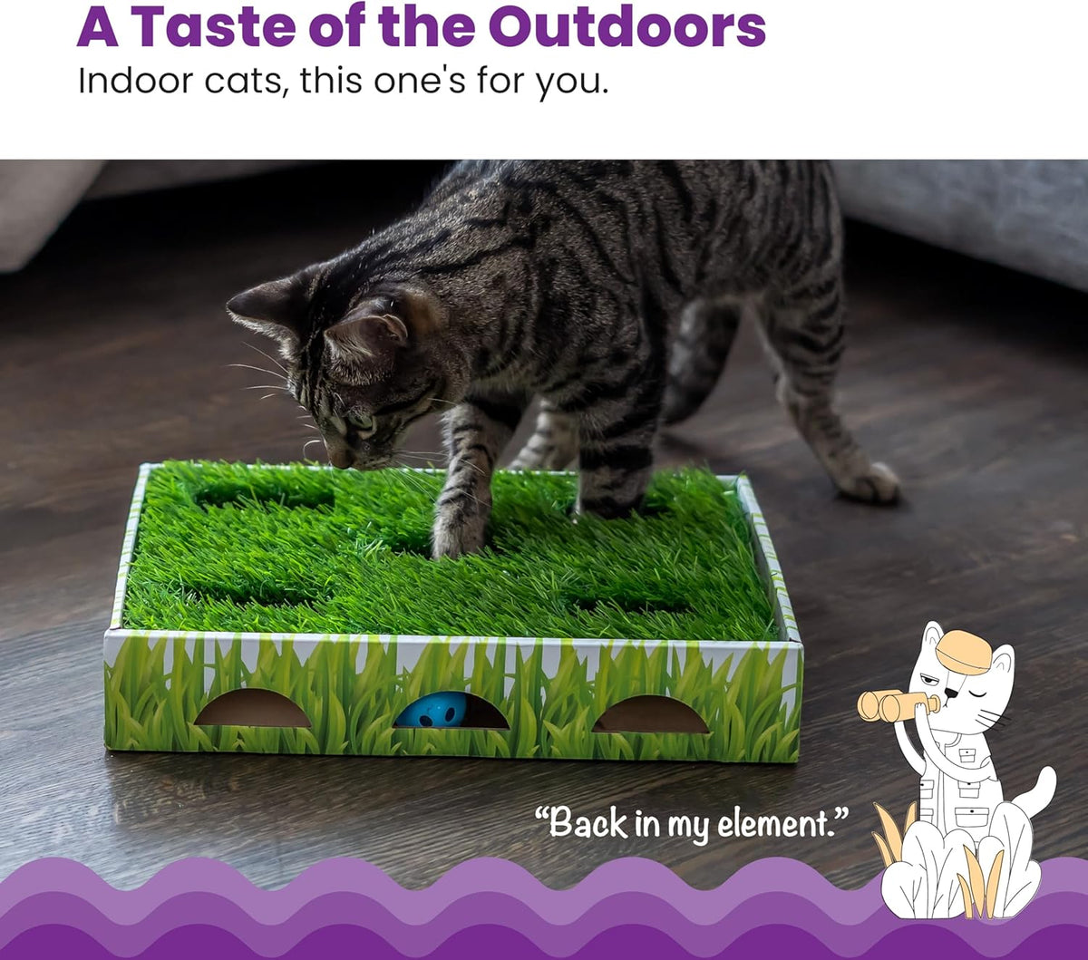 Catstages Grass Patch Hunting Box Interactive Bat & Swat Game for Indoor Cats, 3 Jingle Balls