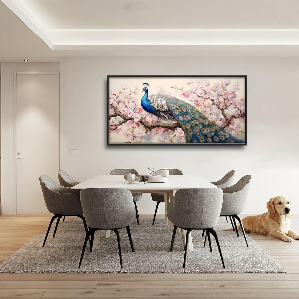 Quorin Peacock Large Wall Art Elegant Peacock Pictures Wall Decor Pink Flower Tree Canvas Print