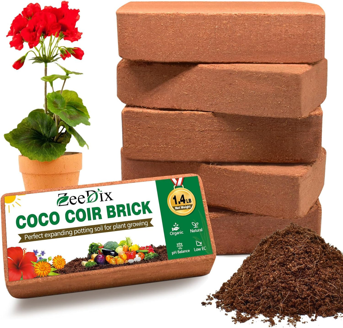 ZeeDix 6 Pcs Coco Coir Brick for Plants, 100% Organic Coconut Coir Bricks with Low EC and pH