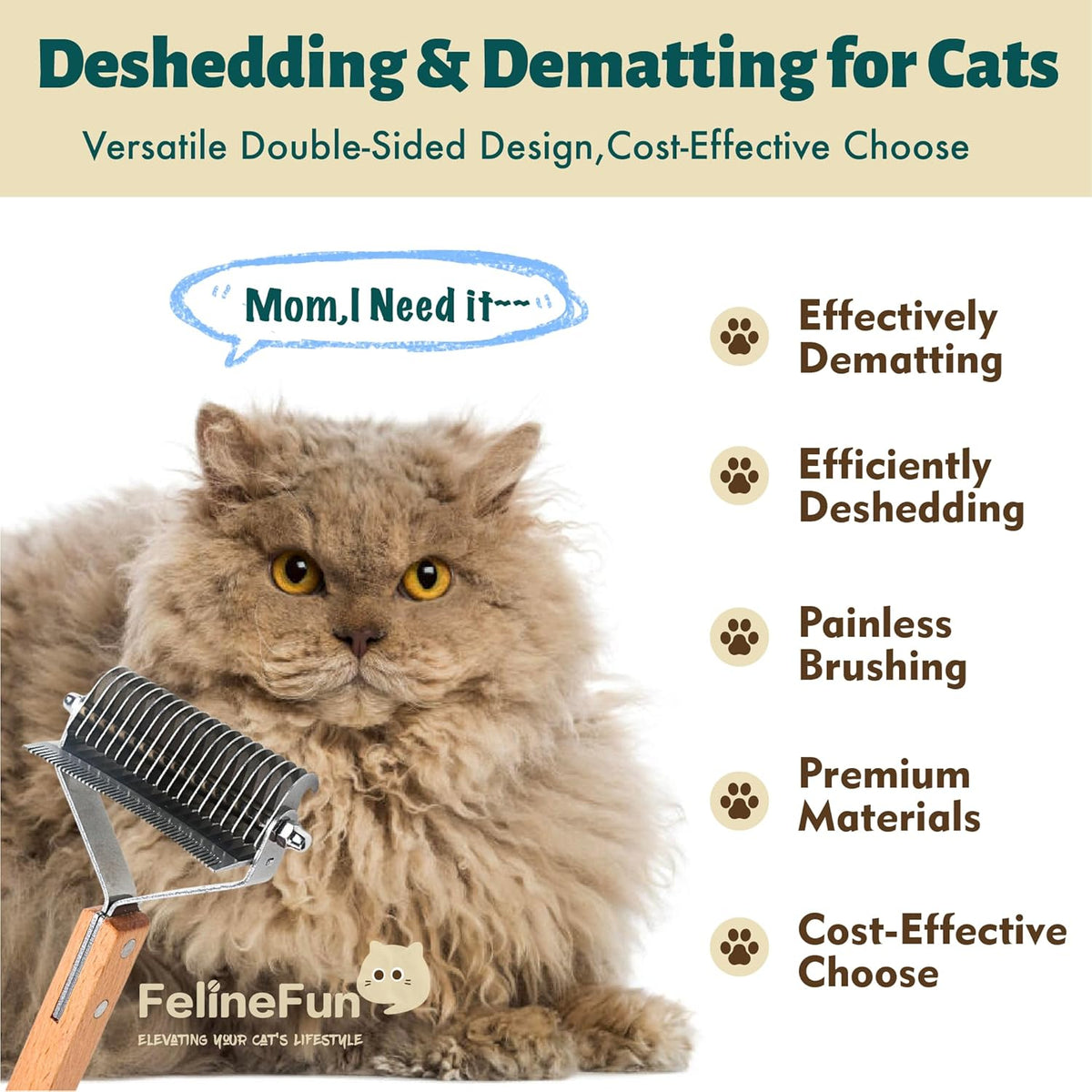 FelineFun Cat Brush for Dematting & Deshedding, 2 in 1 Undercoat Rake, Efficiently Remove Loose