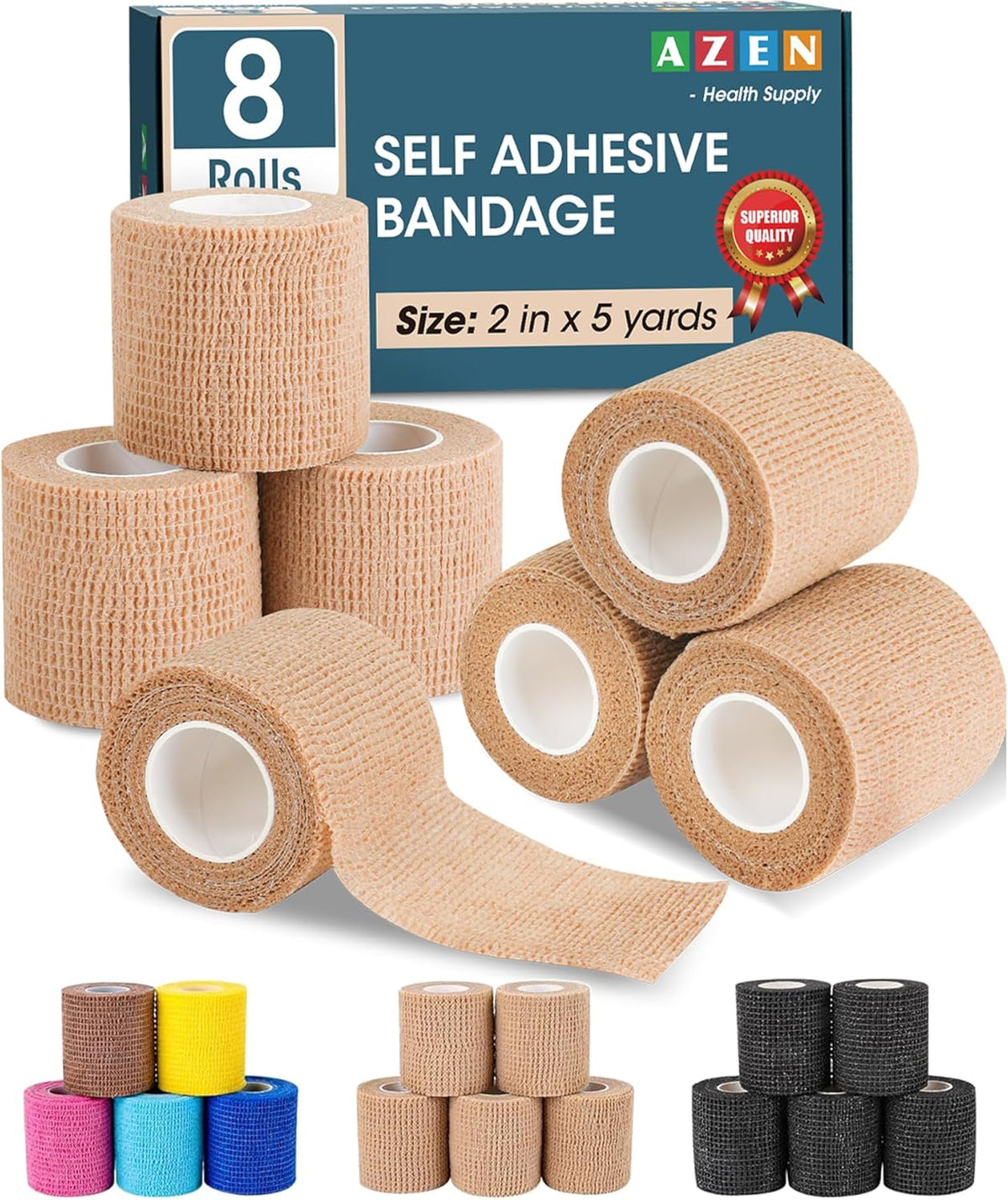 AZEN 8 Pack Self Adhesive Bandage Wrap, 2" X 5 Yards Elastic Cohesive Bandage Wrap, Skin Color