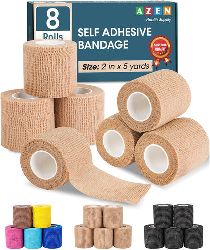 AZEN 8 Pack Self Adhesive Bandage Wrap, 2" X 5 Yards Elastic Cohesive Bandage Wrap, Skin Color
