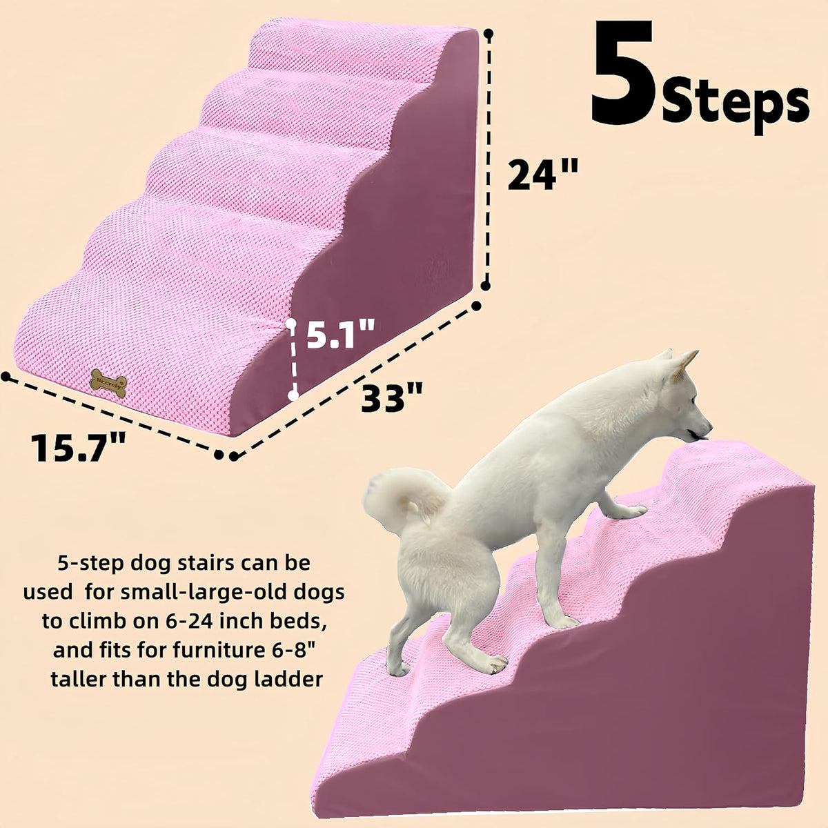 Dog Stairs & Pet Ramp for Small/Large Dogs to High Beds/Couches - 5 Steps 24-inch Height for 18-30