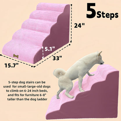 Dog Stairs & Pet Ramp for Small/Large Dogs to High Beds/Couches - 5 Steps 24-inch Height for 18-30