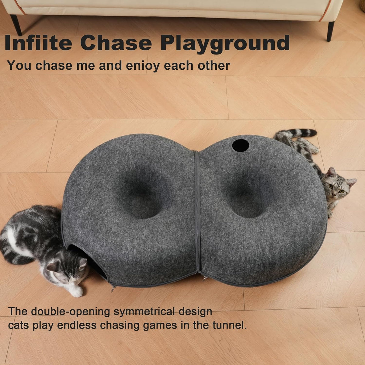 8-Shaped Large Cat Tunnel Bed for Indoor Cats, Infinite Circulation Peekaboo Cat Cave with 12 Toy