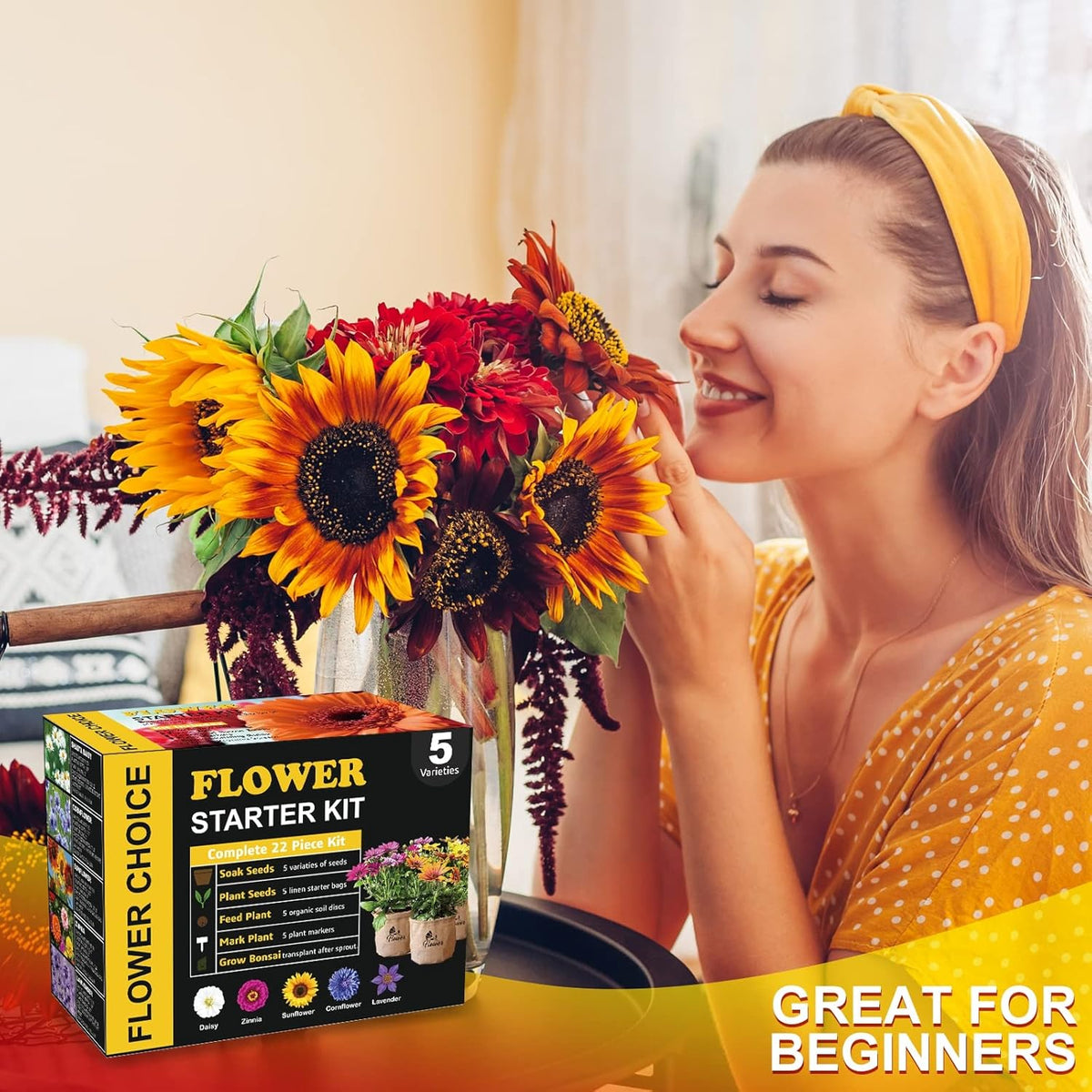 Indoor Daisy Garden Starter Kit with Gardening Tools - Jute Bags, Markers, Soil Disks and Shears