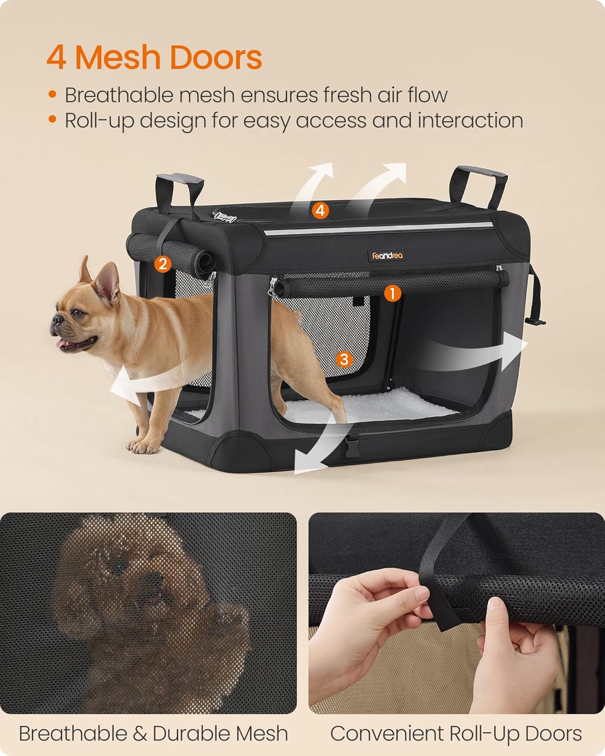 Feandrea Collapsible Dog Crate, 24-Inch Portable Dog Travel Crate for Small Dogs, Oxford Fabric Pet
