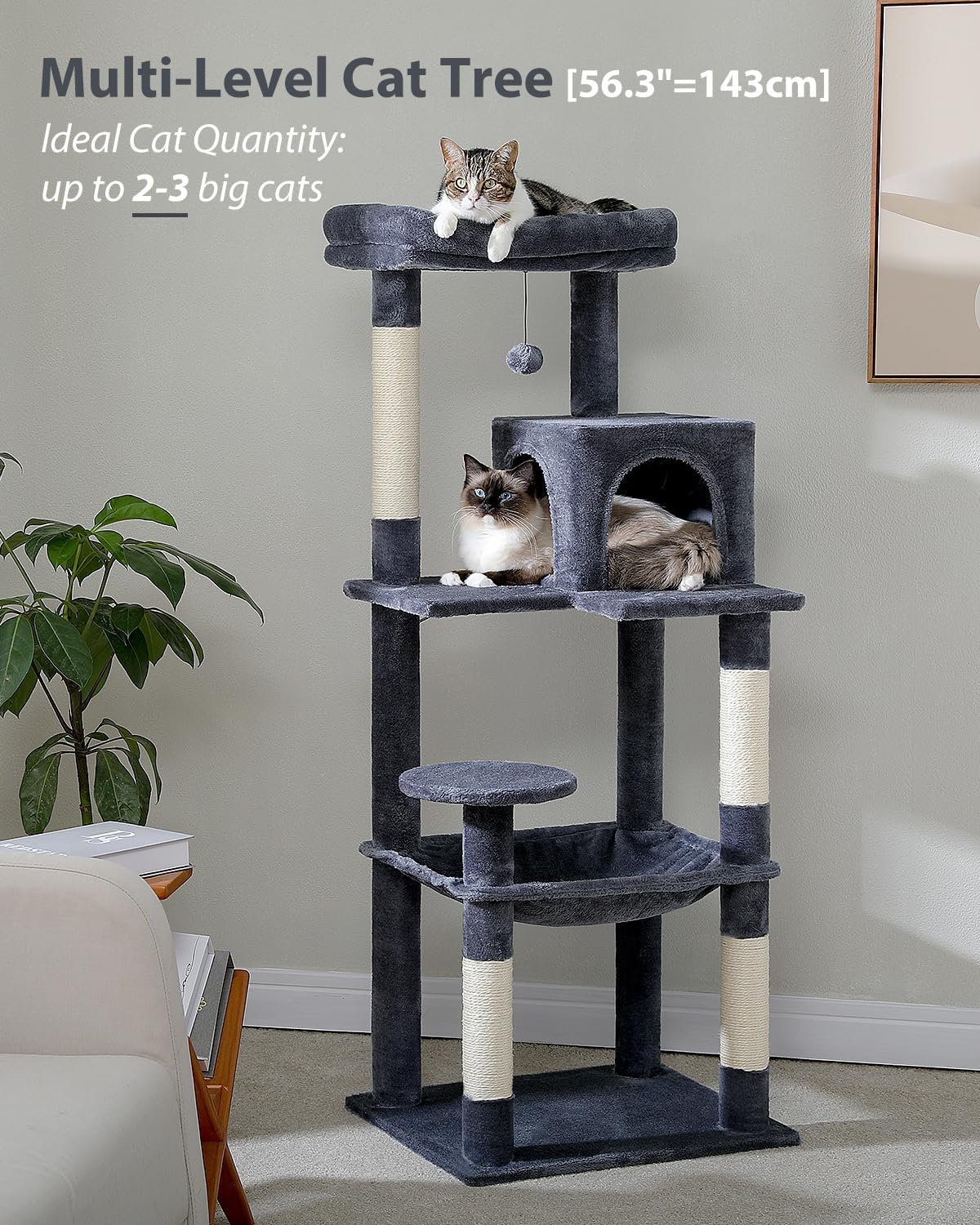 Cat Tree for Large Cats with Metal Plush Big Hammock, 56.3" Cat Tower for Indoor Cats with 2 Door