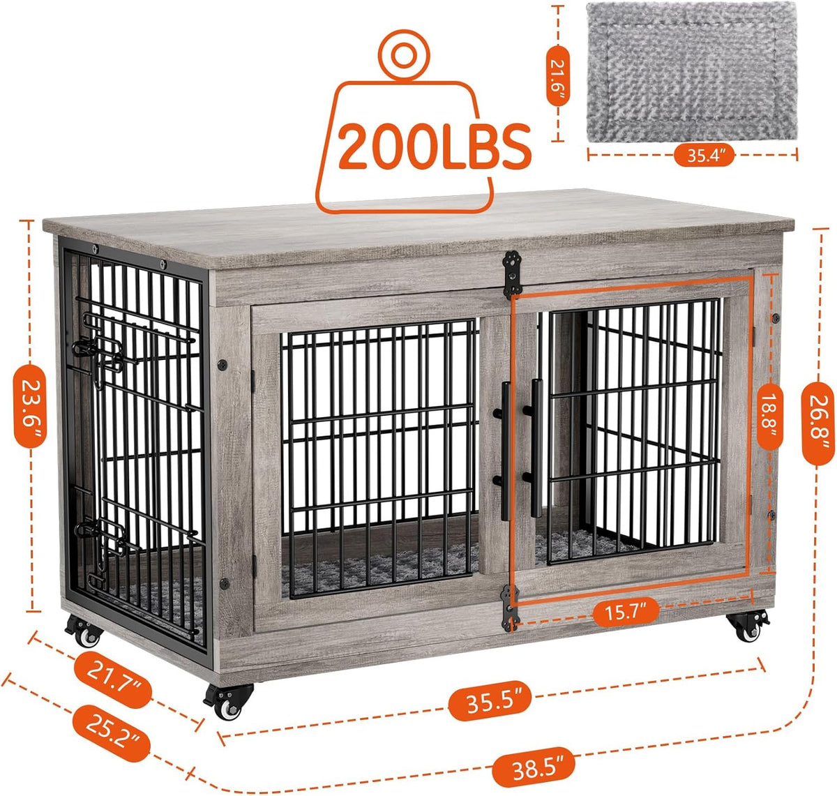 Lulive Large Dog Crate Furniture, 38'' Wooden Dog Crate End Table, Double Door Dog Kennel Indoor