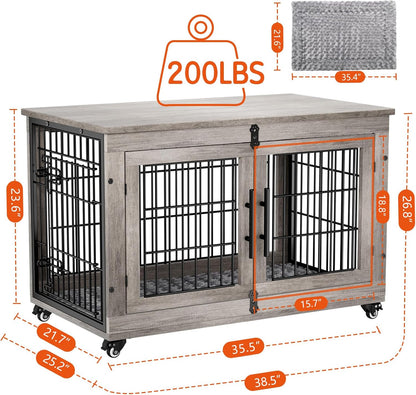 Lulive Large Dog Crate Furniture, 38'' Wooden Dog Crate End Table, Double Door Dog Kennel Indoor