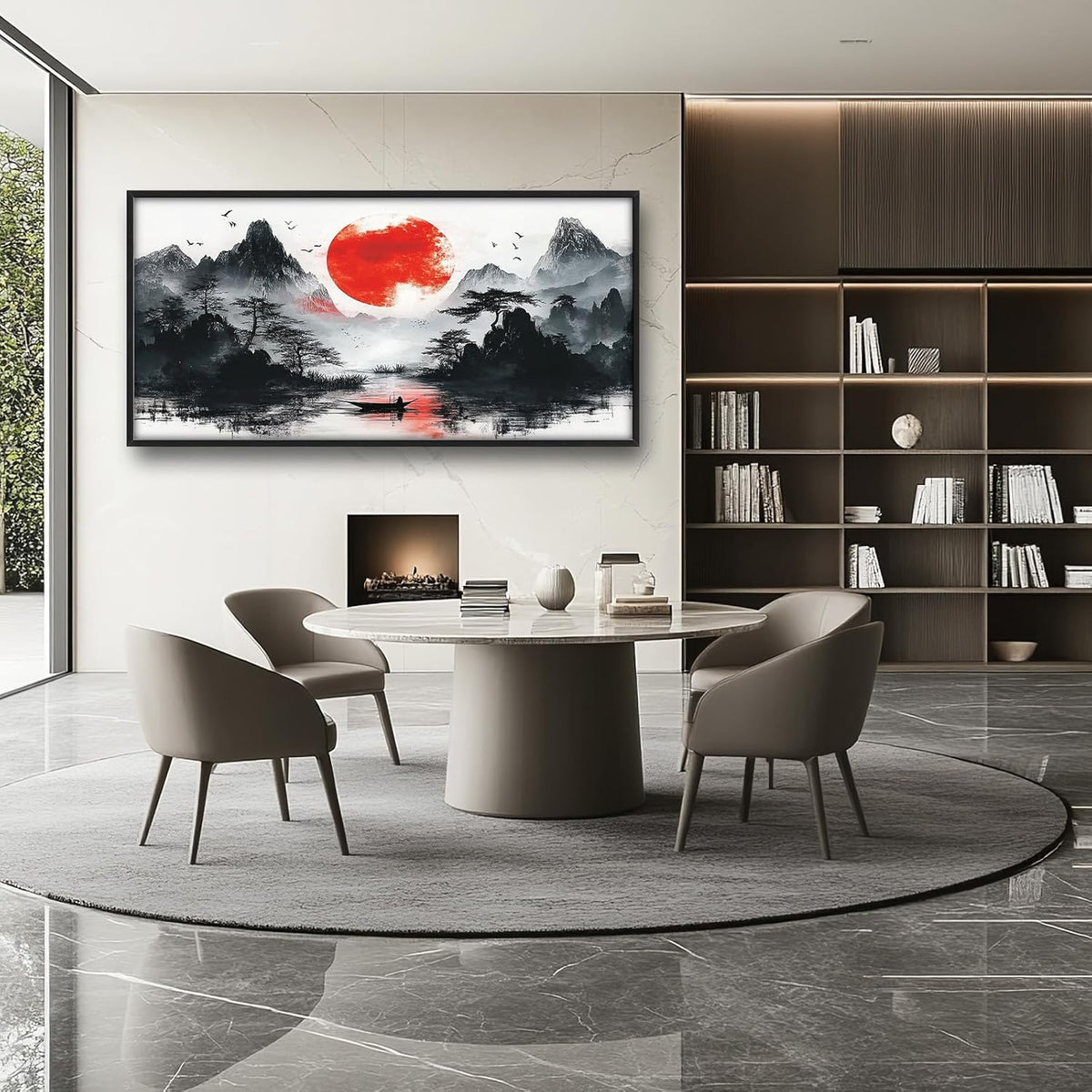 Framed Large Japanese Mountain Wall Art for Living Room, Oversized Asian Red Sun Lake Landscape