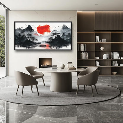 Framed Large Japanese Mountain Wall Art for Living Room, Oversized Asian Red Sun Lake Landscape