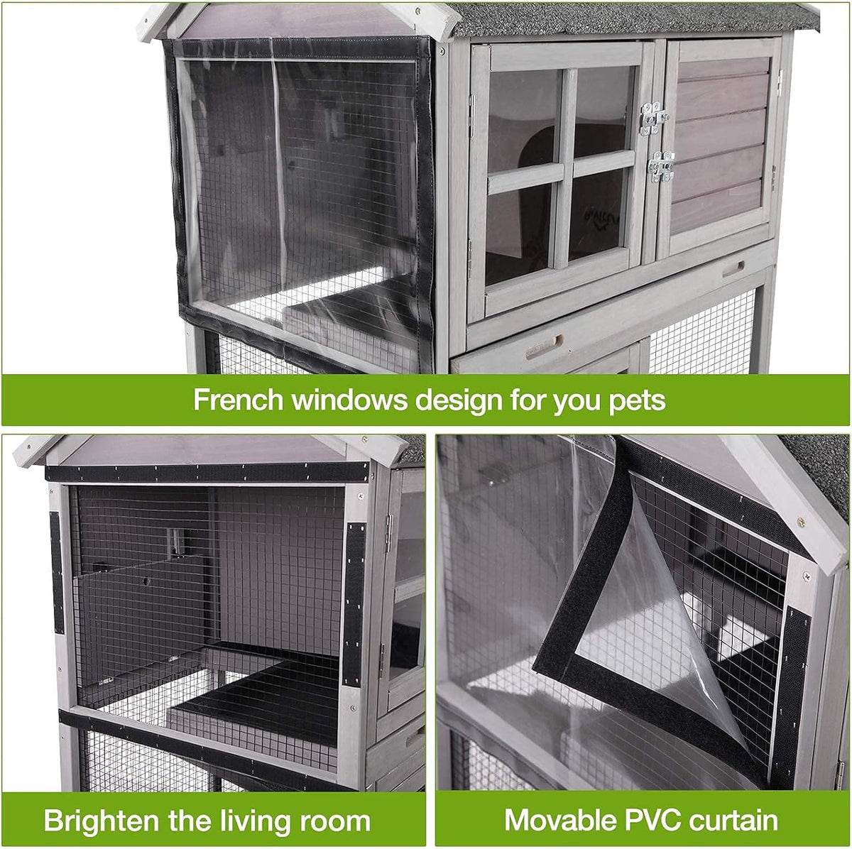 Rabbit Hutch Indoor Outdoor Bunny Cage Rabbit House with Movable Wire Netting, Guinea Pig Habitat