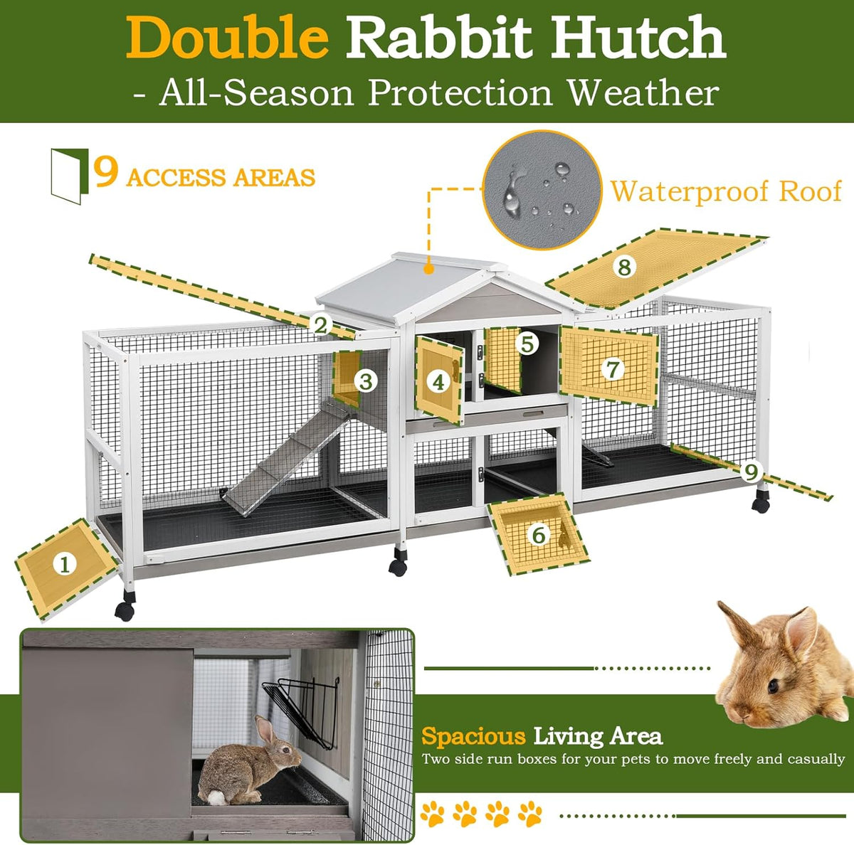 Double Rabbit Hutch Outdoor Indoor Large Bunny Cage with Dual Side Runs, 2-Story Wooden Hutch with