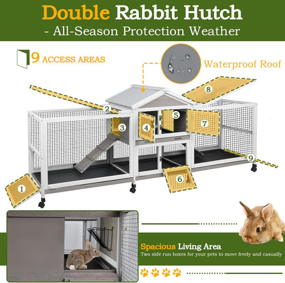 Double Rabbit Hutch Outdoor Indoor Large Bunny Cage with Dual Side Runs, 2-Story Wooden Hutch with