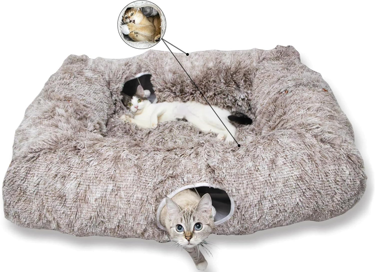 XxingSheep 4 Cave Shuttled XL Cat Tunnel Bed for Indoor Cats Peekaboo Toy Donut with Warm Mat