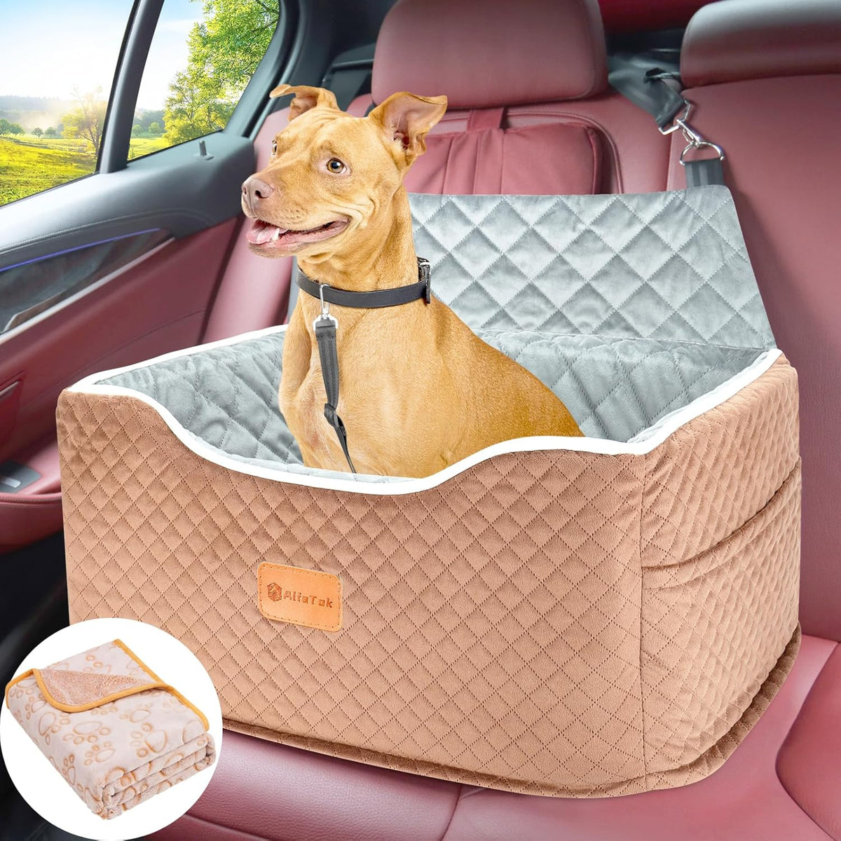 Memory Foam Booster Dog Car Seat Medium Dogs, Elevated Pet Car Seat Under 45 LBS, Detachable
