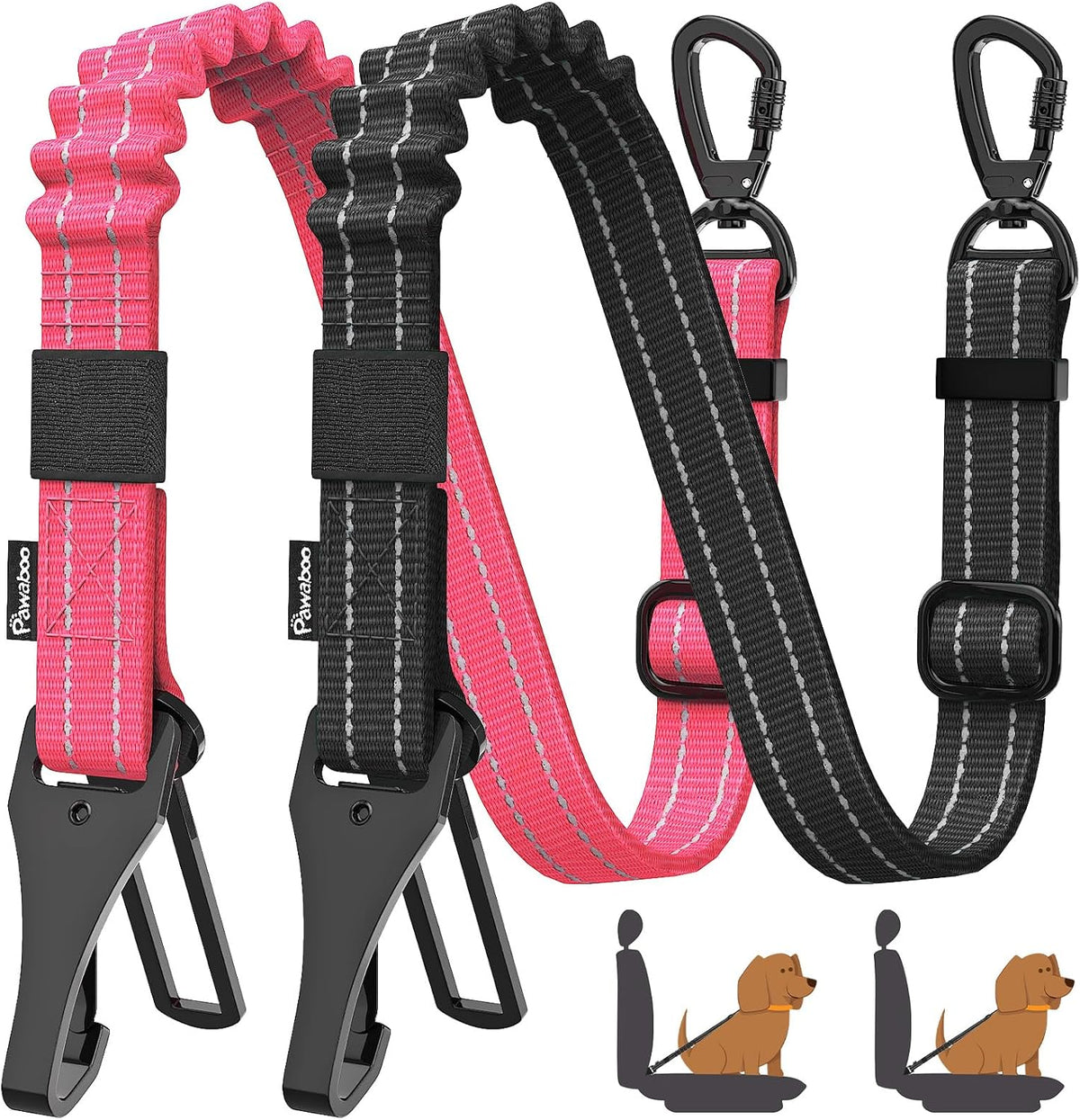 Pawaboo 2Pack Dog Seatbelt for Car, 3-in-1 Dog Car Seat Belt Bungee, Shockproof Dog Tether for Car