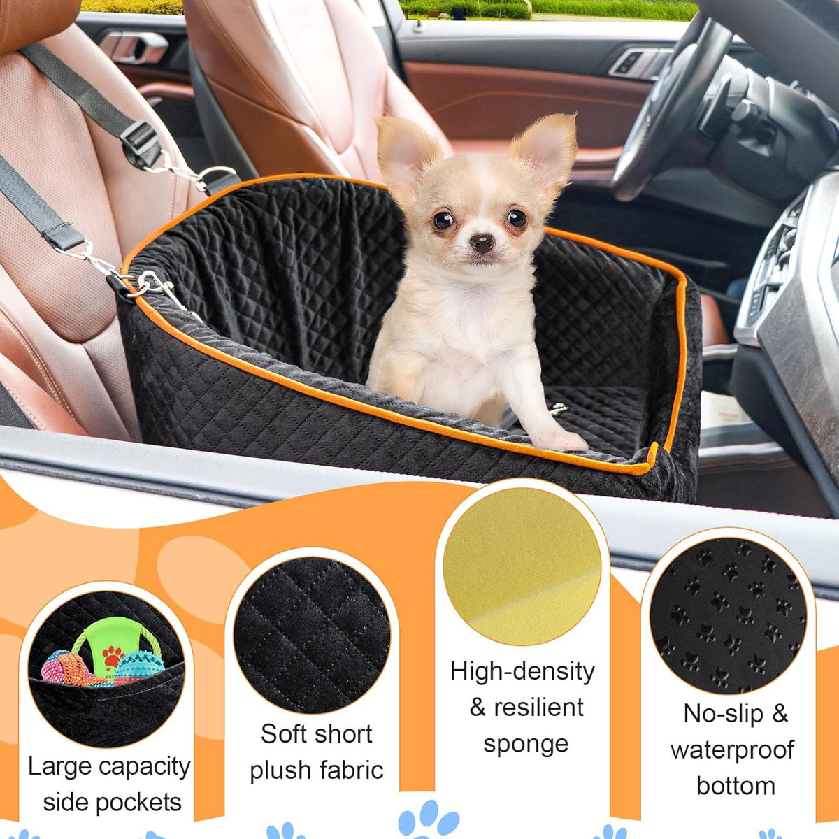 Dog Car Seat for Small Dogs, Memory Foam Booster Dog Seat for Dogs up to 35 lbs, Elevated Pet Car