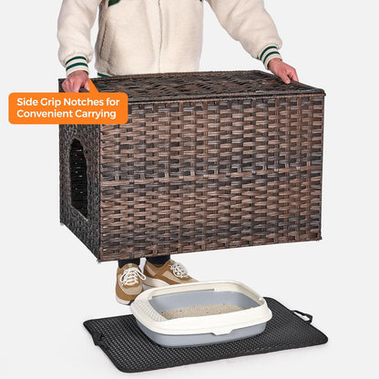 Cat Litter Box Enclosure with Litter Trapping Mat; Handwoven Plastic Rattan Kitten House; No