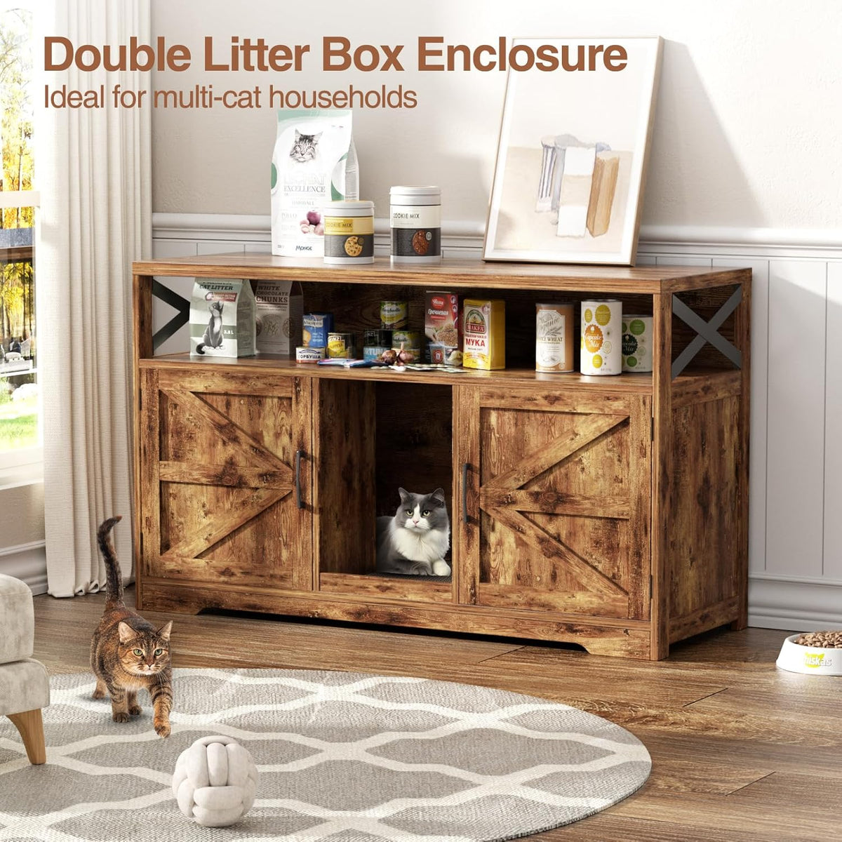 Cat Litter Box Enclosure for 2 Cats, 47" Double Hidden Litter Box Furniture with Scratch Pad