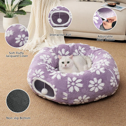 Cat Tunnel for Indoor Cats, Cute Peekaboo Cat Cave with Dangling Balls, Pet Donut Tunnel Bed with