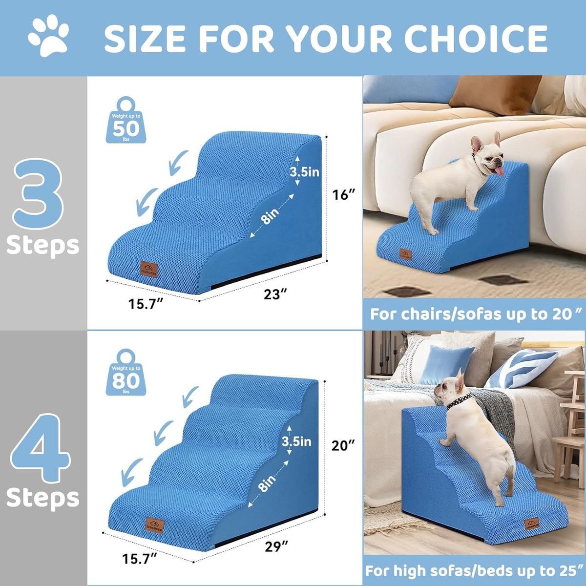 Dog Ramp and Stair for Bed 16" H-20 H,3-Step Cat Stair for Sofa and Chair,4-Step Dog Ramp for High