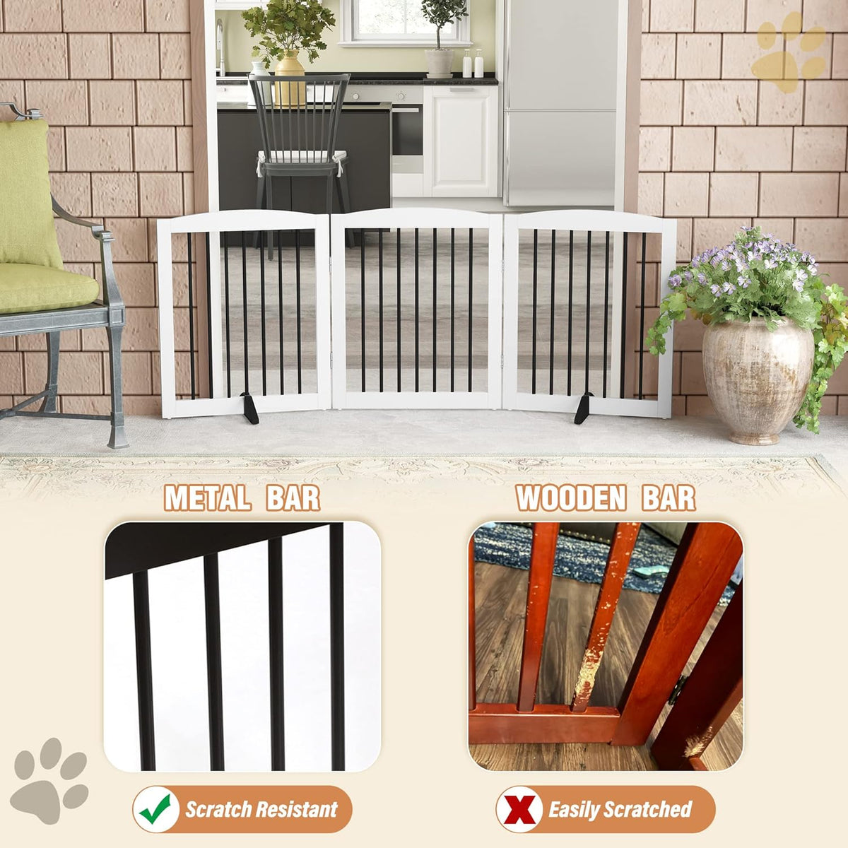 Freestanding Wooden Pet Gate for House, Foldable Indoor Dog Gate for Doorways, Stairs - 24" Height