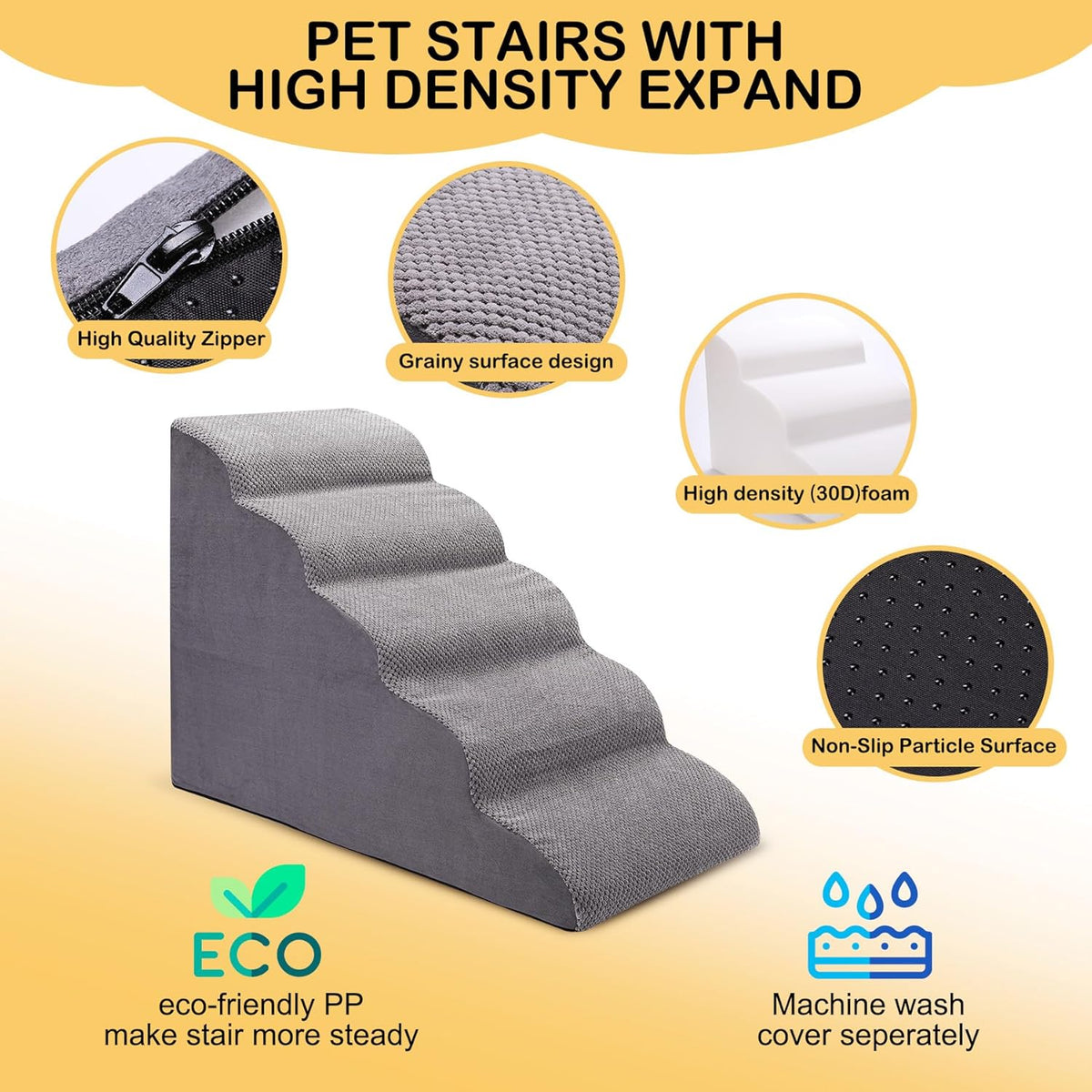 Dog Stairs for Bed and Couch, Non-Slip 5-Step Pet Stairs, 24" High Sofa Foam Dog Ramp - Best for