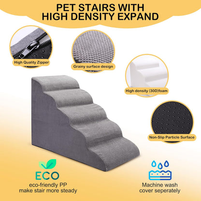 Dog Stairs for Bed and Couch, Non-Slip 5-Step Pet Stairs, 24" High Sofa Foam Dog Ramp - Best for
