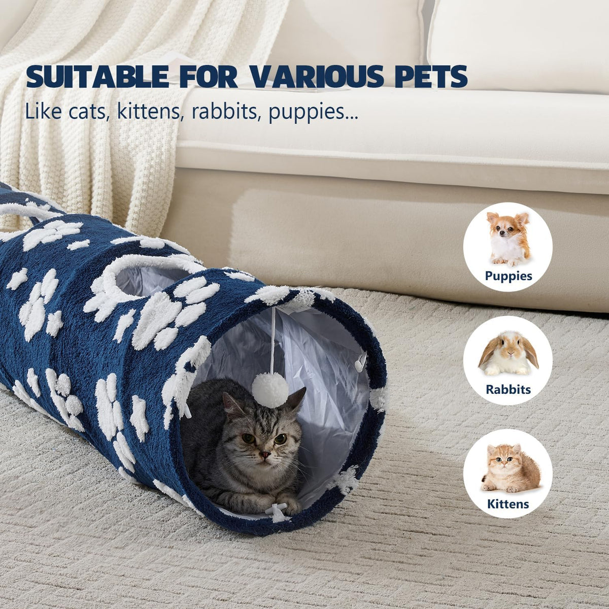 Straight Cat Tunnel for Indoor Cats 47"x12", Cute Cat Toys Collapsible Tunnel Tube with Balls for