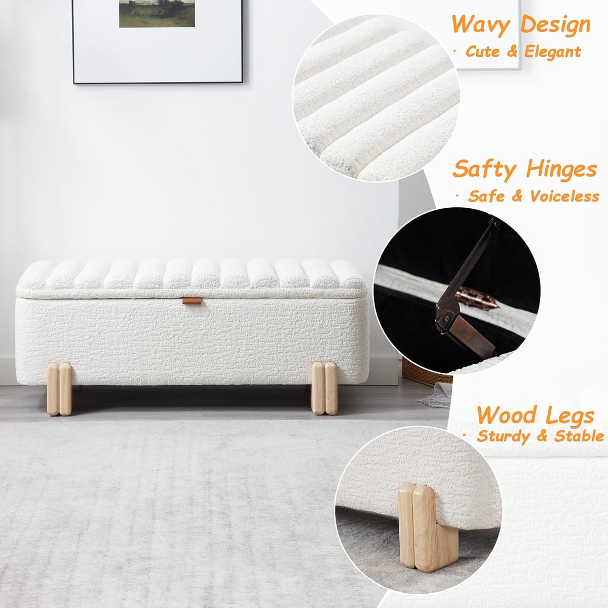 Kmax 45" Storage Bench Faux Fur Entryway Bench Upholstered Ottoman Bench with Wavy Top & Safty