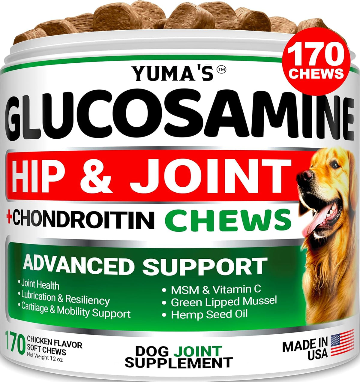 YUMA'S Glucosamine for Dogs - Hip and Joint Supplement for Dogs - 170 Ct - Glucosamine Chondroitin