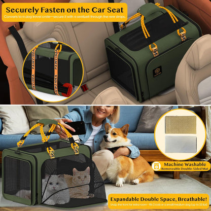 PAWZIDEA Expandable Large Pet Carrier, 24"X16"X16" Cat Carrier for 2 Cats, Collapsible Dog Travel