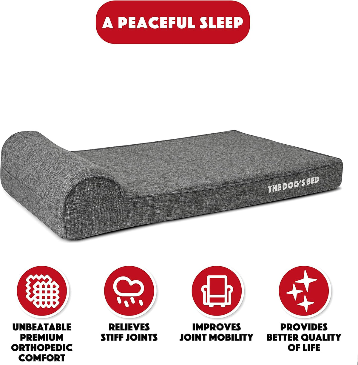 The Dog’s Bed Orthopedic Headrest Dog Bed XL Grey Linen 46x28, Memory Foam, Pain Relief for
