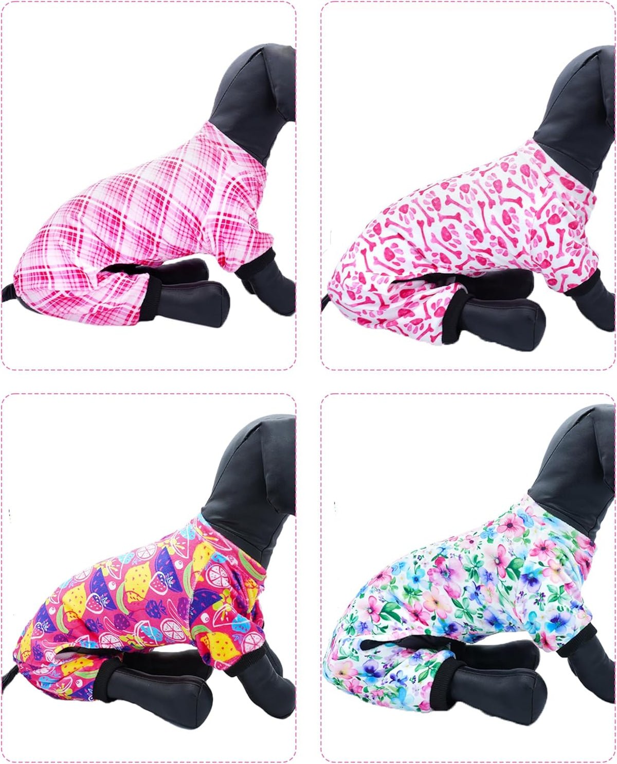 PET SHOW 4 Pack Small Dog Pajamas Cute Paw Bone Clothes for Medium Dogs Soft Stretchy PJs Plaid