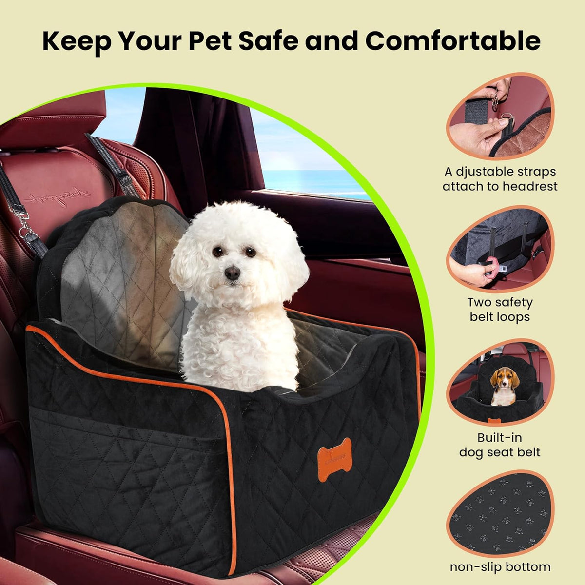 Dog Car Seat for Small Dogs Under 30lbs, Detachable Washable Pet Booster Seat with Safety Belt &