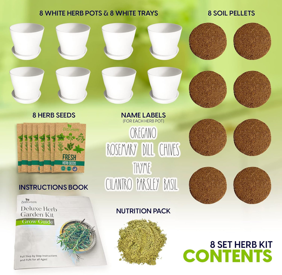 Deluxe Indoor & Outdoor Herb Garden Kit – 8 or The Most Popular Culinary Herbs with Pots & Soil for