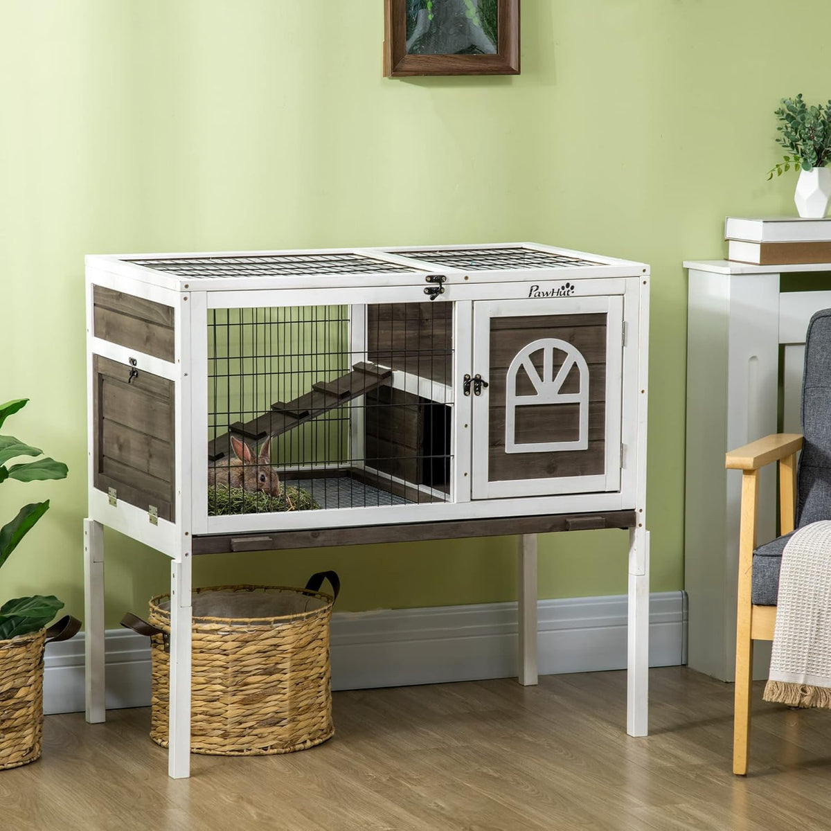 PawHut Wooden Rabbit Hutch, Indoor Elevated Guinea Pig Cage with Run, Ladder, Lockable Doors and