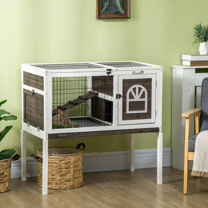 PawHut Wooden Rabbit Hutch, Indoor Elevated Guinea Pig Cage with Run, Ladder, Lockable Doors and