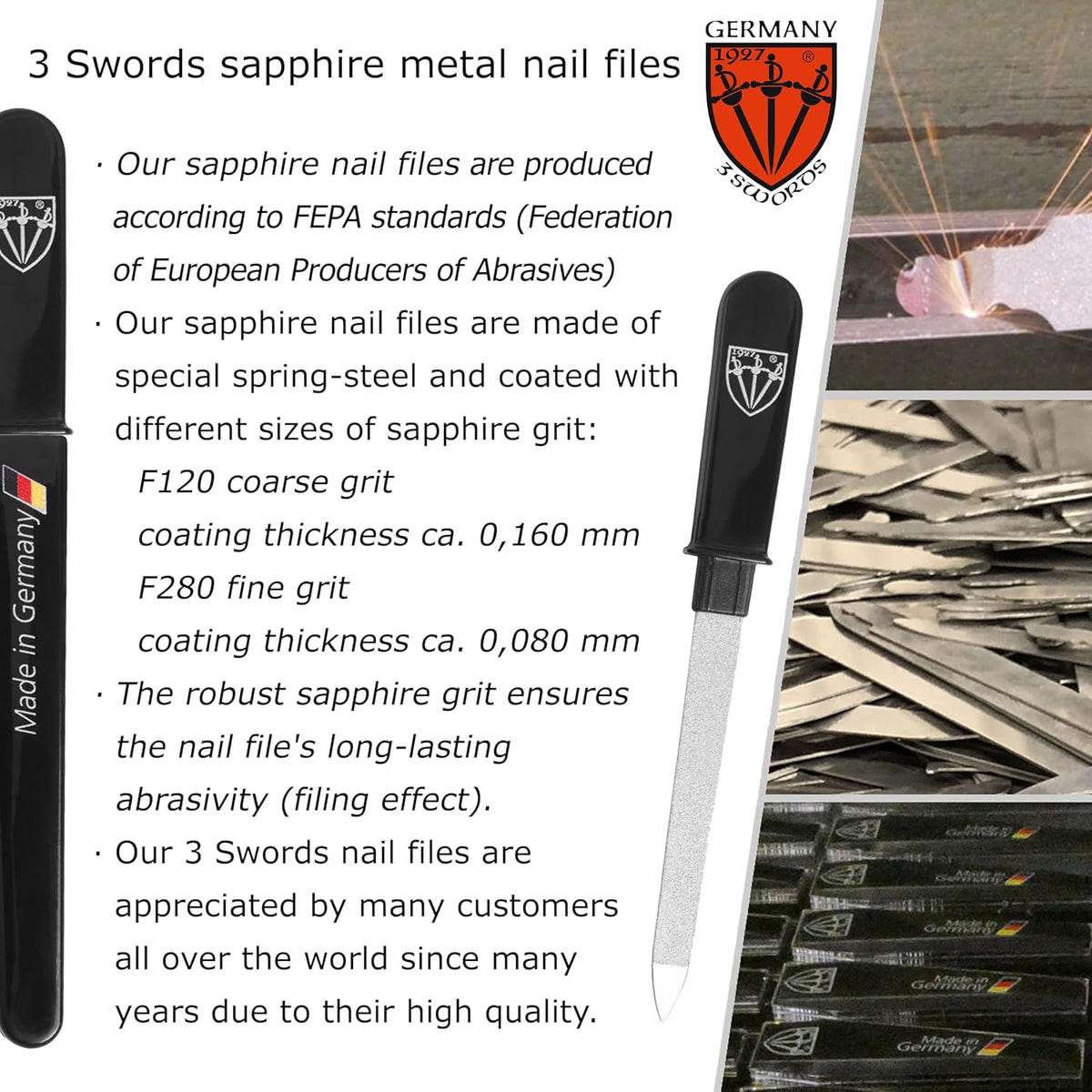 3 Swords Germany - Brand Quality Double Sided (fine & coarse) Sapphire Metal Pocket Nail File (1