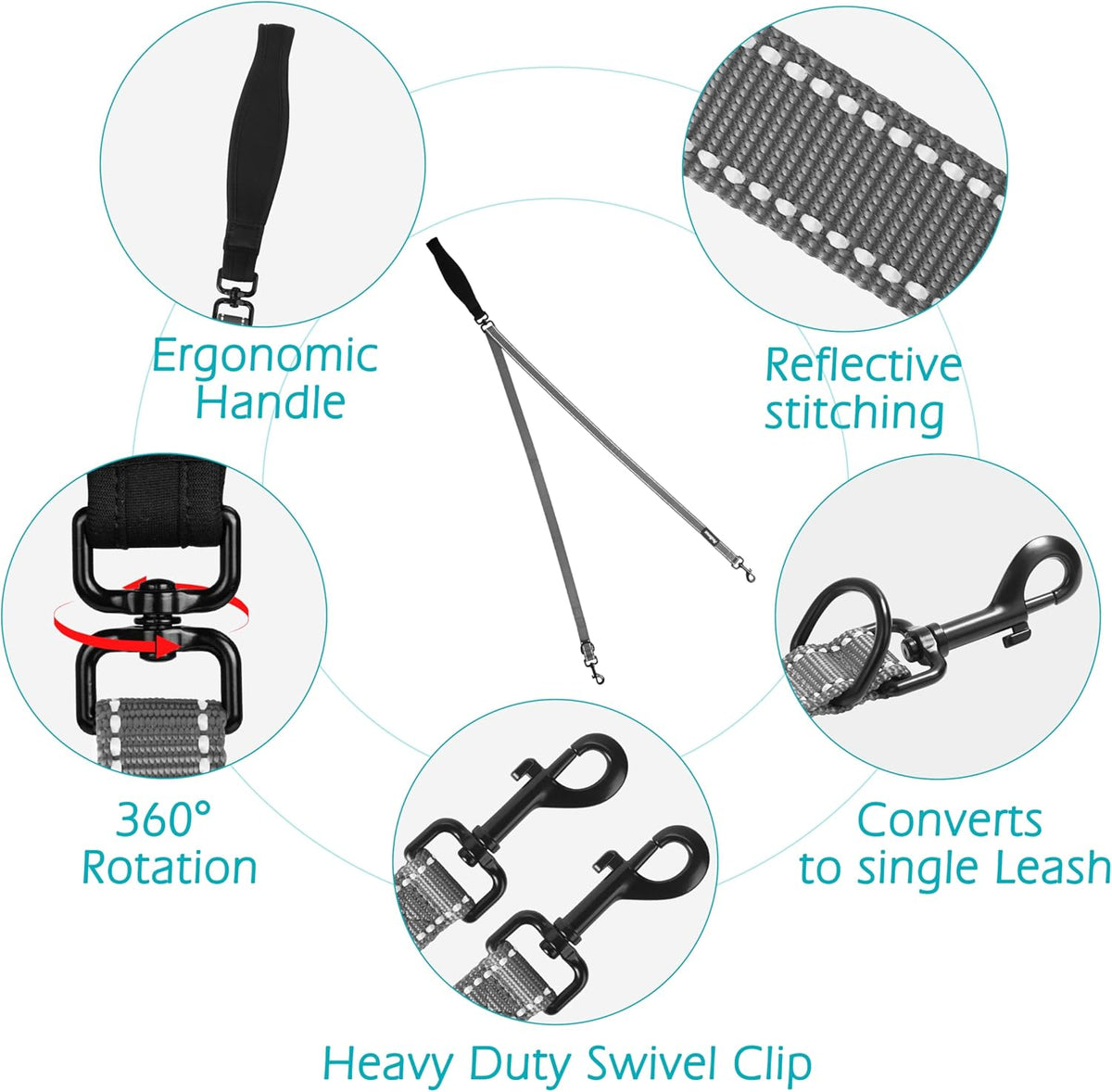 PetBonus Two Point Control Dog Leash, Works with No Pull Harnesses, No Tangle Dog Training Leashes