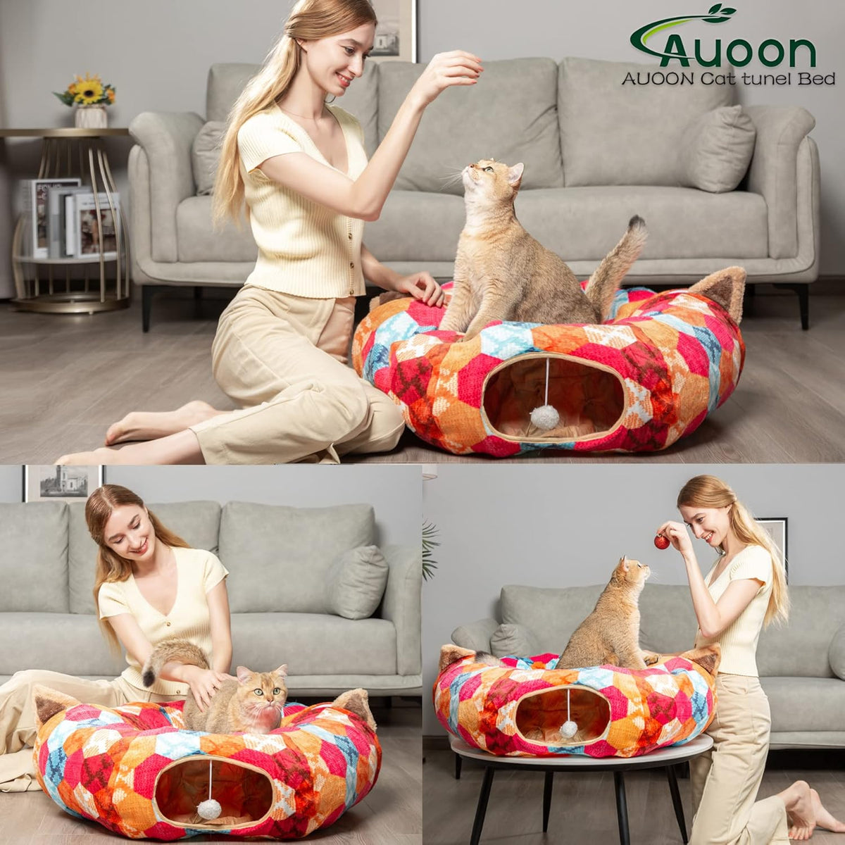 AUOON Cute Cat Donut Tunnel - Interactive Cat Tunnel Bed for Indoor Cats Kitten Kitty Puppy Rabbit